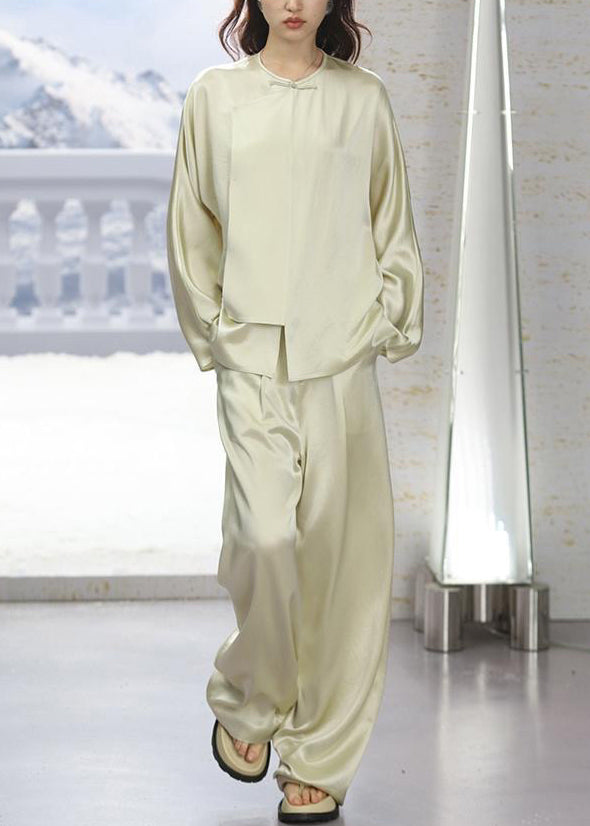 New Light Green O-neck Button Silk Pajamas Two-piece Set Long Sleeve Qa1066