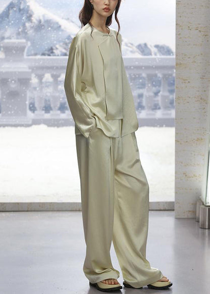 New Light Green O-neck Button Silk Pajamas Two-piece Set Long Sleeve Qa1066