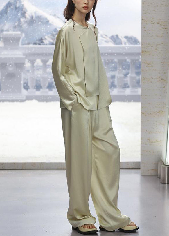 New Light Green O-neck Button Silk Pajamas Two-piece Set Long Sleeve Qa1066
