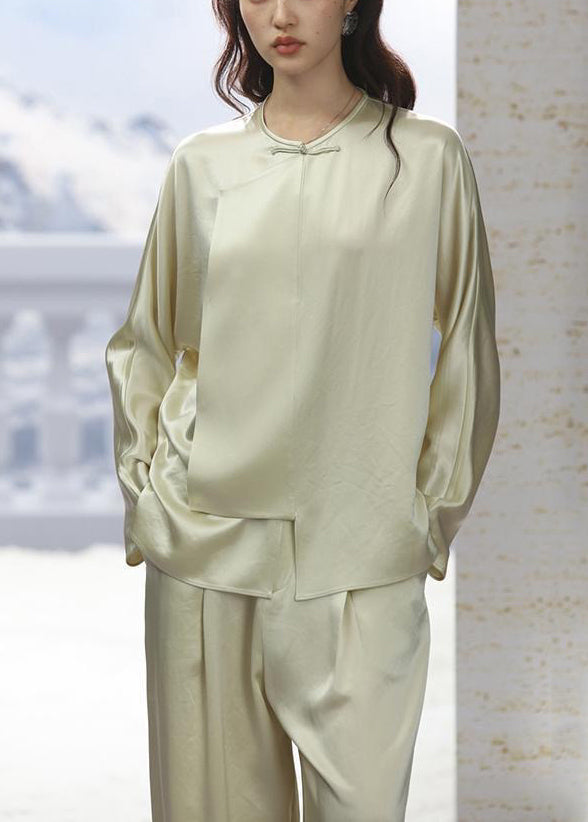 New Light Green O-neck Button Silk Pajamas Two-piece Set Long Sleeve Qa1066