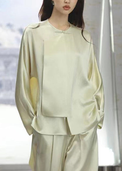 New Light Green O-neck Button Silk Pajamas Two-piece Set Long Sleeve Qa1066