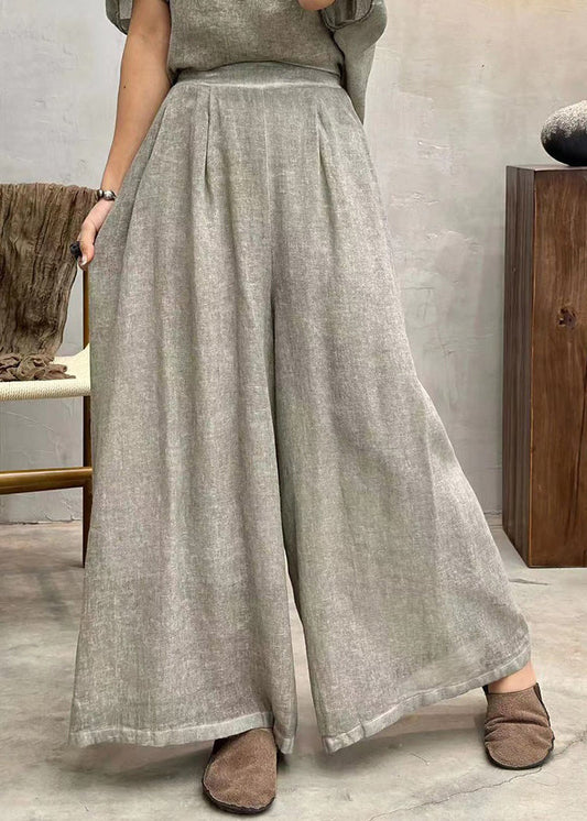 New Light Grey Pockets Elastic Waist Cotton Crop Pants Summer Au1063