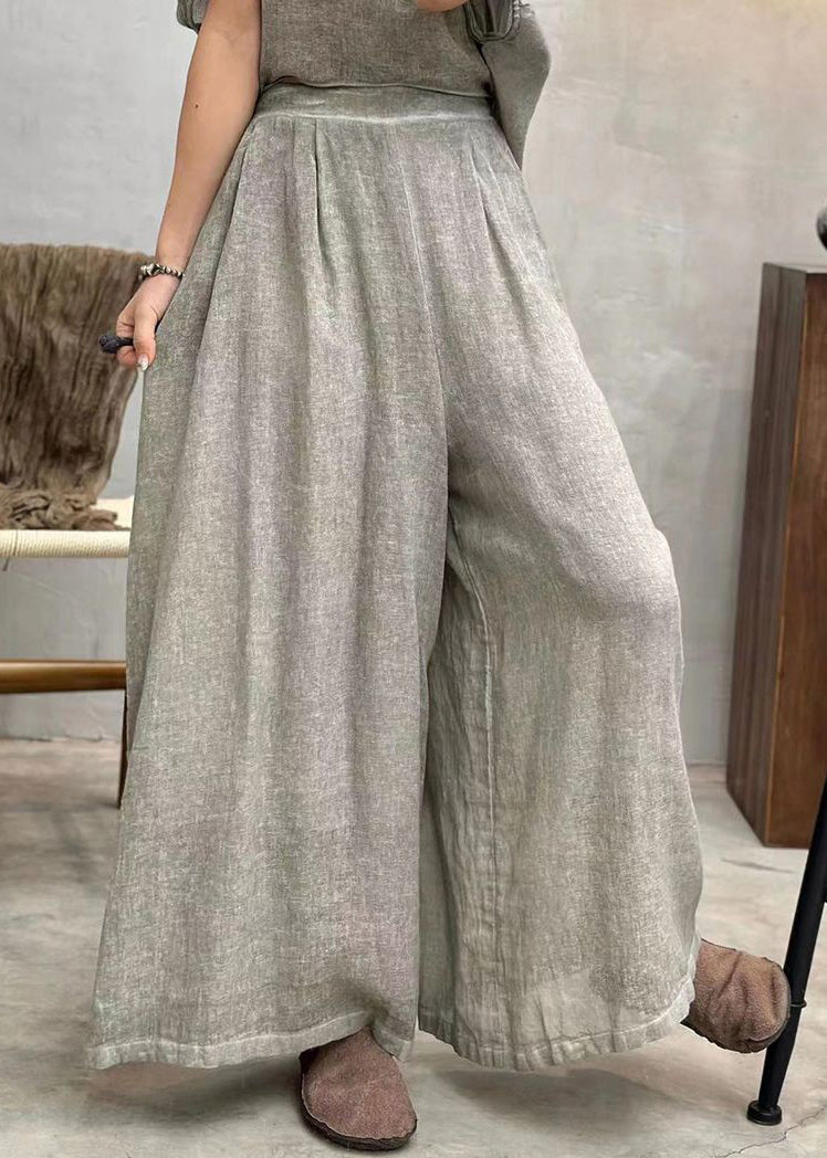 New Light Grey Pockets Elastic Waist Cotton Crop Pants Summer Au1063