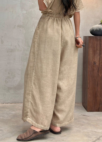 New Light Grey Pockets Elastic Waist Cotton Crop Pants Summer Au1063