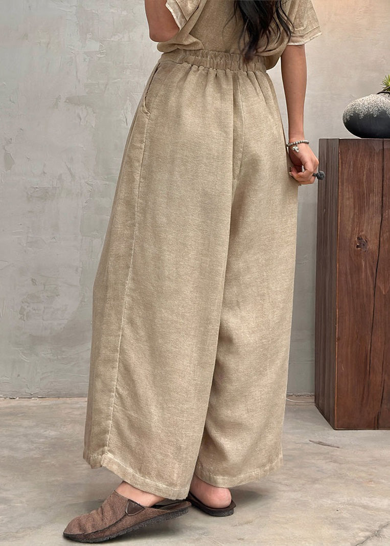 New Light Grey Pockets Elastic Waist Cotton Crop Pants Summer Au1063