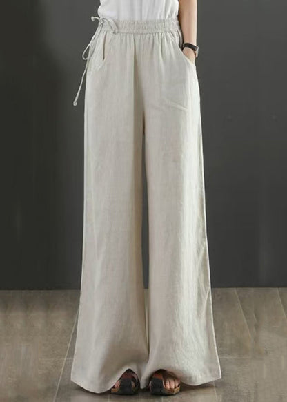 New Linen Pockets Elastic Waist Linen Wide Leg Pants Fall Qa029
