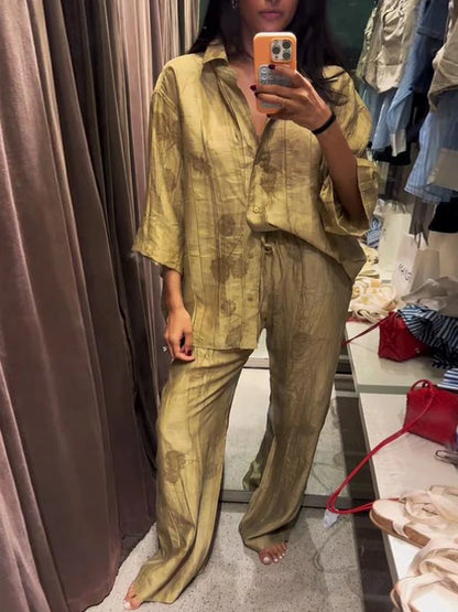 New Linen Tie-dye Print Long Pants Sets for Lapel Half Sleeve Single Breasted Shirts Drawstring Wide Leg Pant 2 Pieces Set