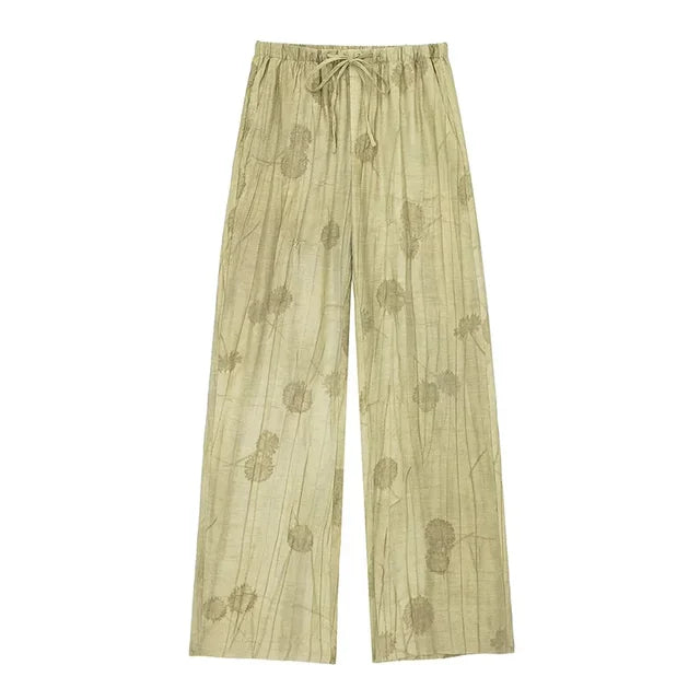 New Linen Tie-dye Print Long Pants Sets for Lapel Half Sleeve Single Breasted Shirts Drawstring Wide Leg Pant 2 Pieces Set