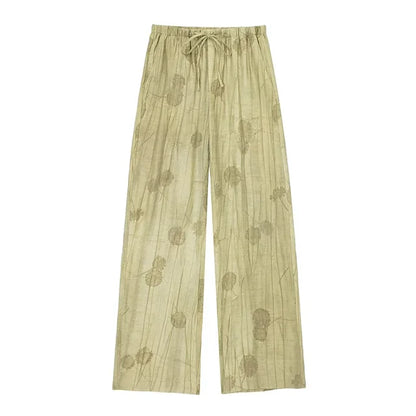 New Linen Tie-dye Print Long Pants Sets for Lapel Half Sleeve Single Breasted Shirts Drawstring Wide Leg Pant 2 Pieces Set
