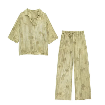 New Linen Tie-dye Print Long Pants Sets for Lapel Half Sleeve Single Breasted Shirts Drawstring Wide Leg Pant 2 Pieces Set