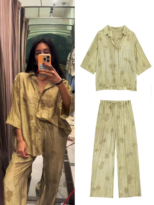 New Linen Tie-dye Print Long Pants Sets for Lapel Half Sleeve Single Breasted Shirts Drawstring Wide Leg Pant 2 Pieces Set