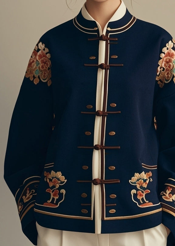 New Navy Button Print Original Design Cotton Coats Fall Er004