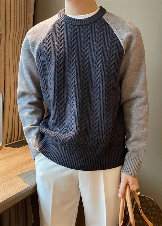New Navy O Neck Patchwork Cable Knit Sweaters Spring Tk001