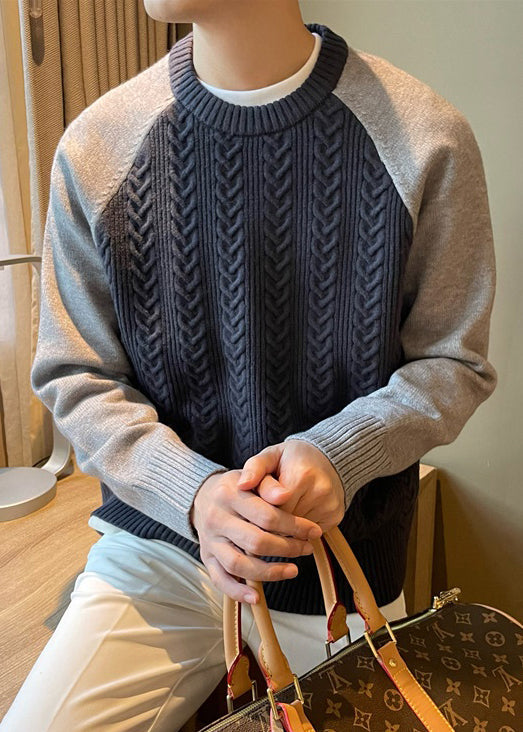 New Navy O Neck Patchwork Cable Knit Sweaters Spring Tk001