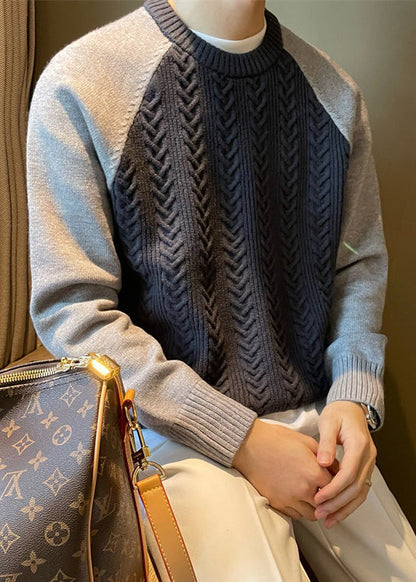 New Navy O Neck Patchwork Cable Knit Sweaters Spring Tk001