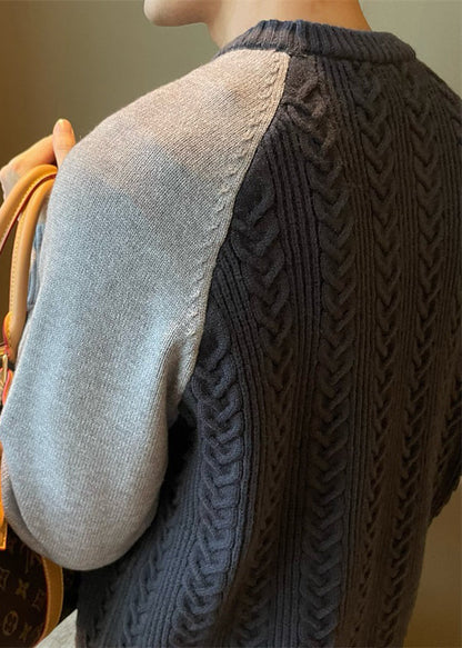 New Navy O Neck Patchwork Cable Knit Sweaters Spring Tk001