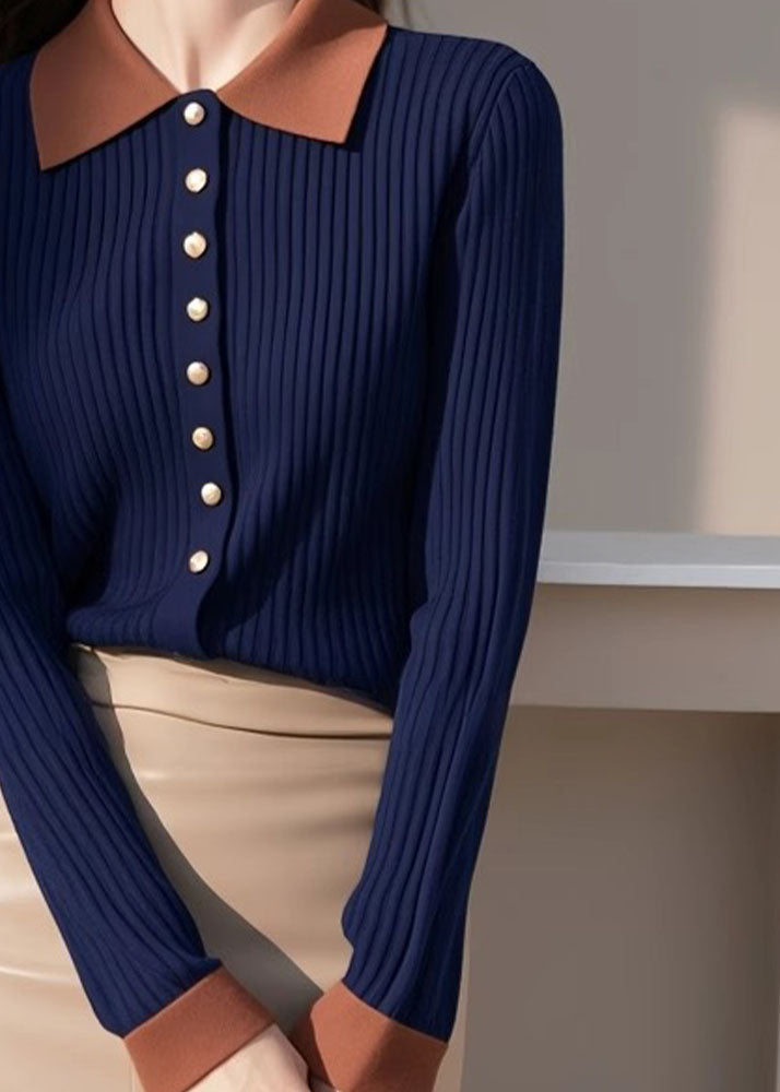 New Navy Peter Pan Collar Button Patchwork Knit Sweaters Spring Tf013