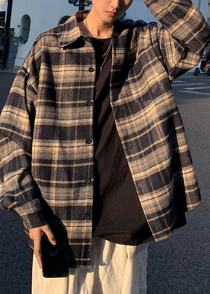 New Navy Peter Pan Collar Plaid Woolen Shirts Coat Fall Ro007