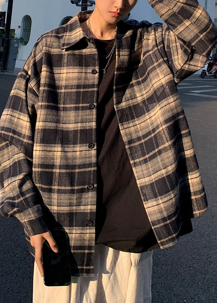 New Navy Peter Pan Collar Plaid Woolen Shirts Coat Fall Ro007