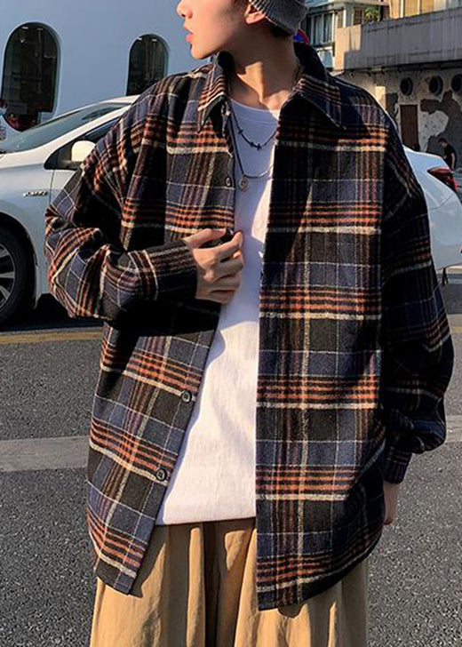 New Navy Peter Pan Collar Plaid Woolen Shirts Coat Fall Ro007