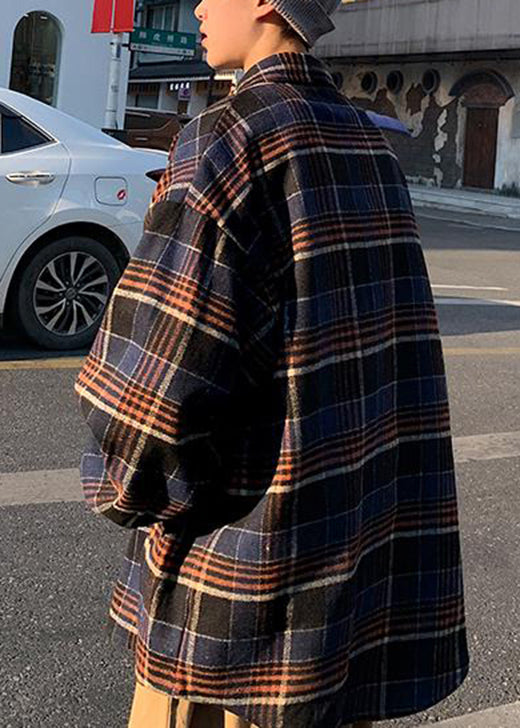New Navy Peter Pan Collar Plaid Woolen Shirts Coat Fall Ro007