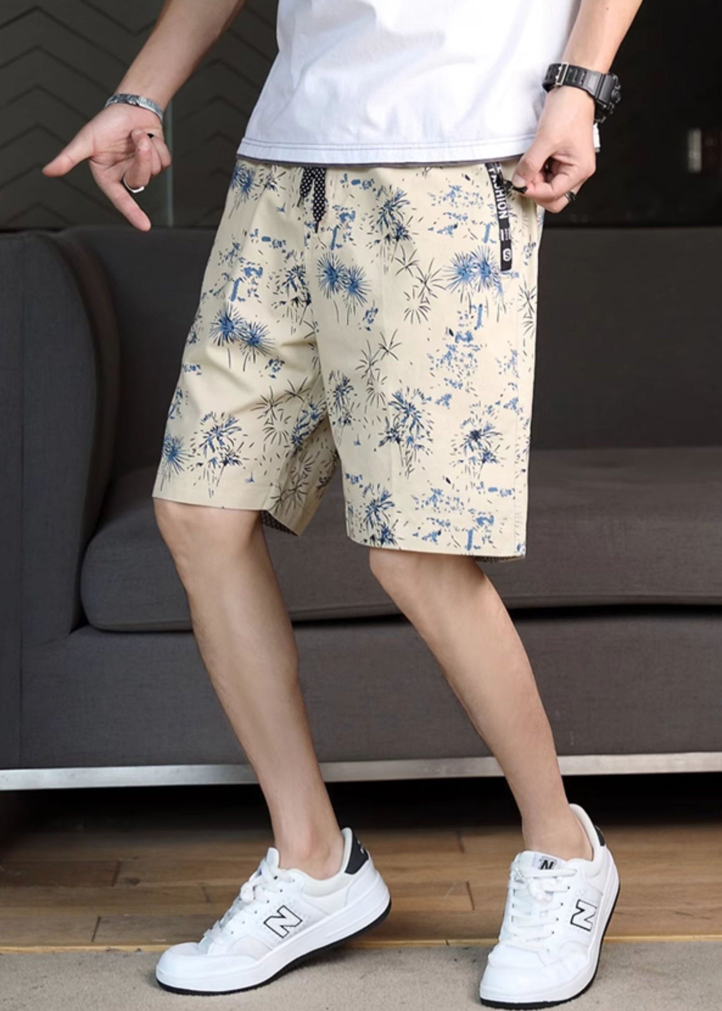 Navy Print Waist Cotton Shorts Summer Elastic New