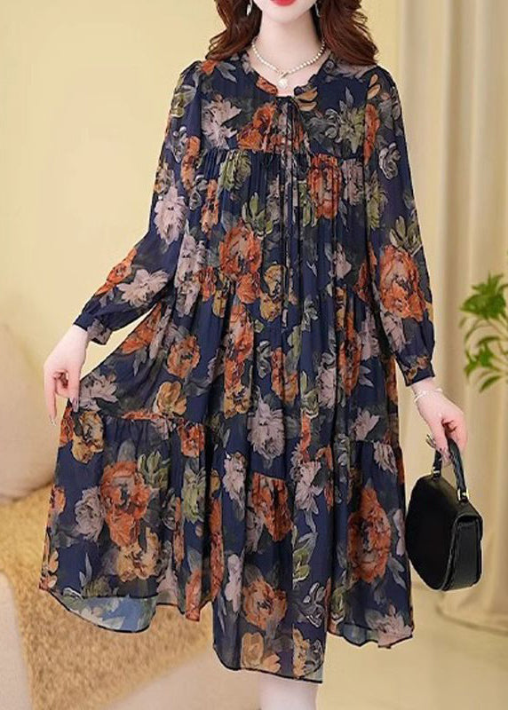 New Navy Print Wrinkled Cotton Long Dresses Long Sleeve Mn073
