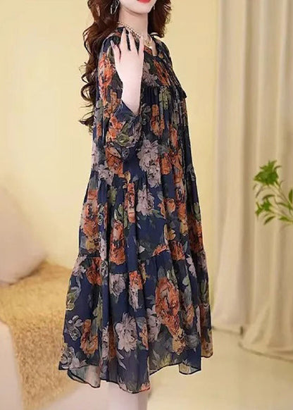 New Navy Print Wrinkled Cotton Long Dresses Long Sleeve Mn073