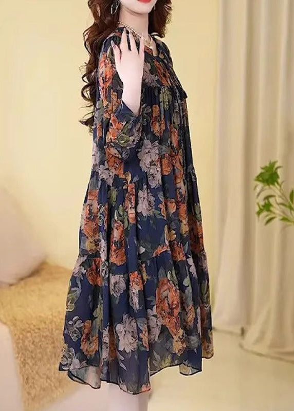 New Navy Print Wrinkled Cotton Long Dresses Long Sleeve Mn073