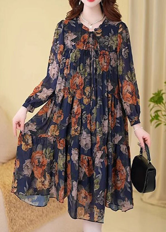 New Navy Print Wrinkled Cotton Long Dresses Long Sleeve Mn073