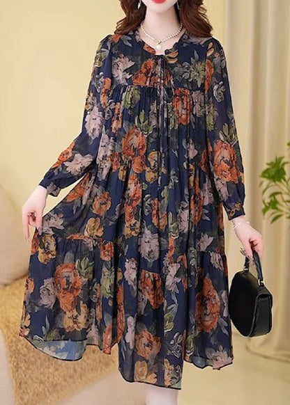 New Navy Print Wrinkled Cotton Long Dresses Long Sleeve Mn073
