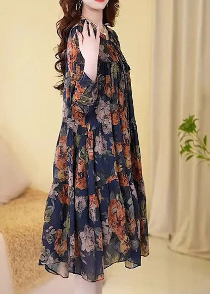 New Navy Print Wrinkled Cotton Long Dresses Long Sleeve Mn073
