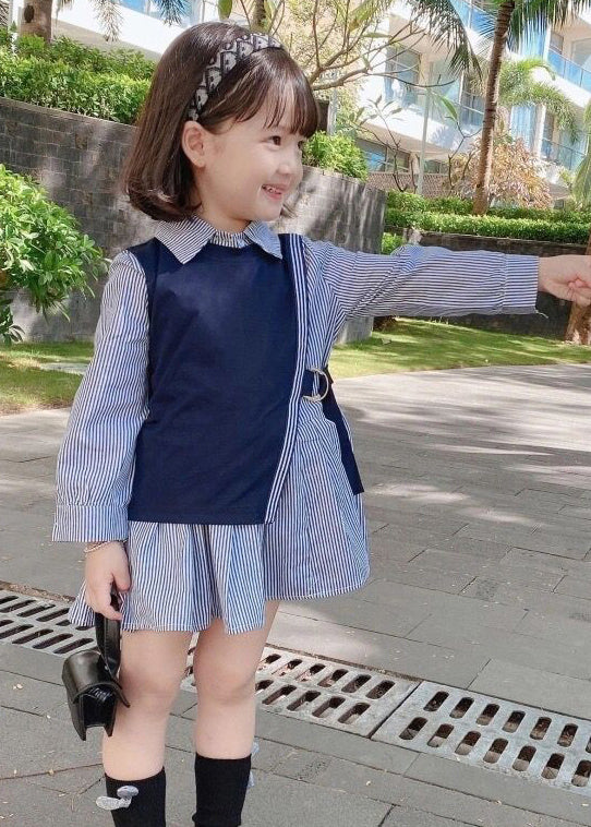 New Navy Waistcoat and Striped Dresses Cotton Two Pieces Set Fall Xz079