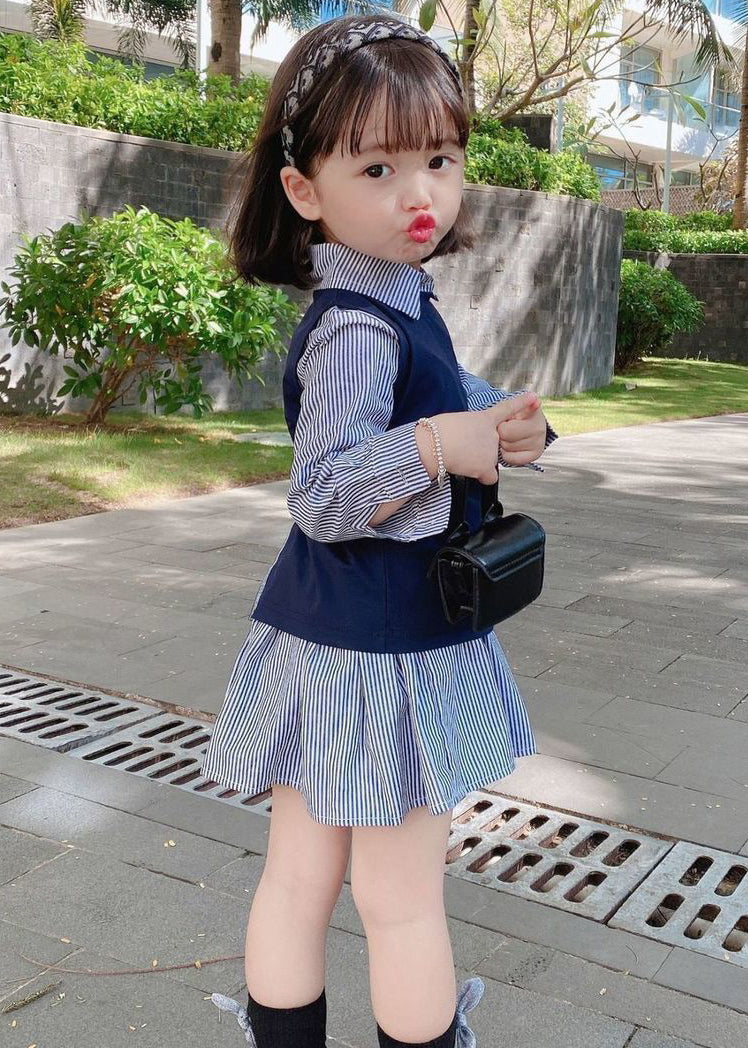 New Navy Waistcoat and Striped Dresses Cotton Two Pieces Set Fall Xz079