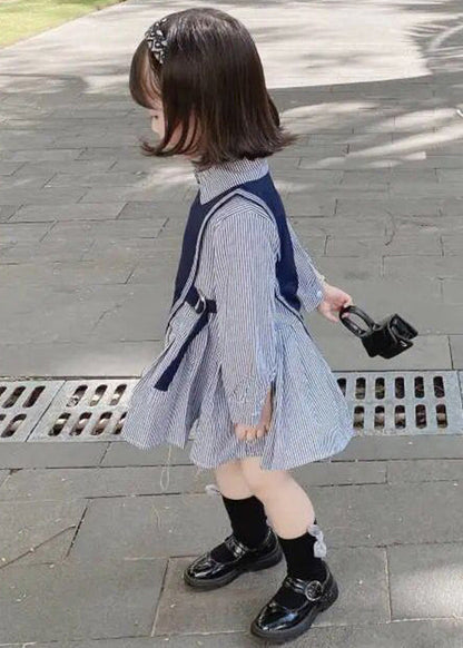 New Navy Waistcoat and Striped Dresses Cotton Two Pieces Set Fall Xz079