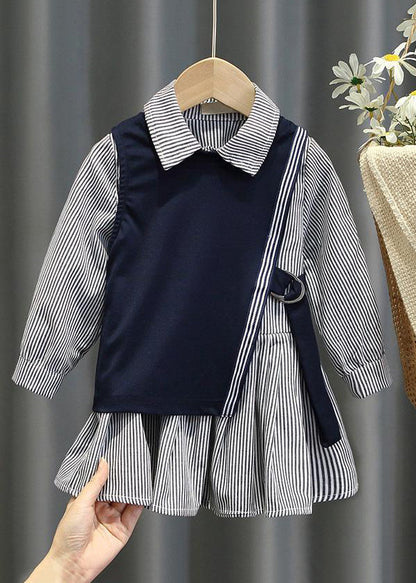 New Navy Waistcoat and Striped Dresses Cotton Two Pieces Set Fall Xz079