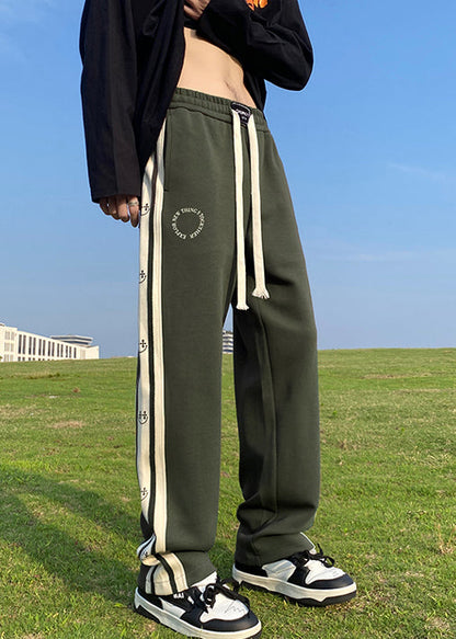 New Olive Green Elastic Waist Patchwork Cotton Pants Fall Wa050