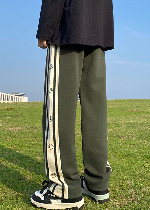 New Olive Green Elastic Waist Patchwork Cotton Pants Fall Wa050