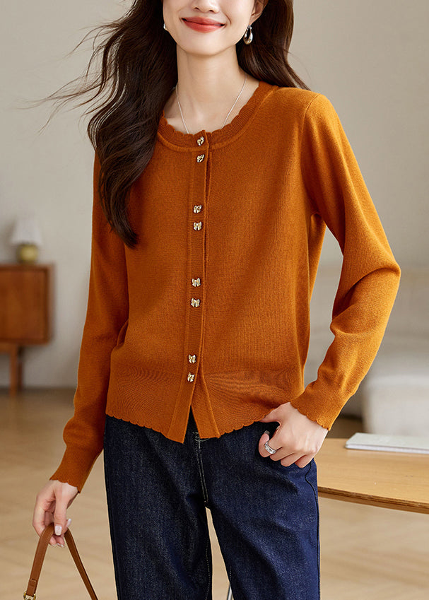 New Orange O Neck Button Cozy Wool Knit Coat Fall Qv062