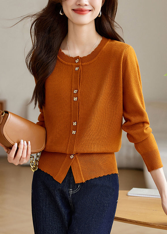 New Orange O Neck Button Cozy Wool Knit Coat Fall Qv062