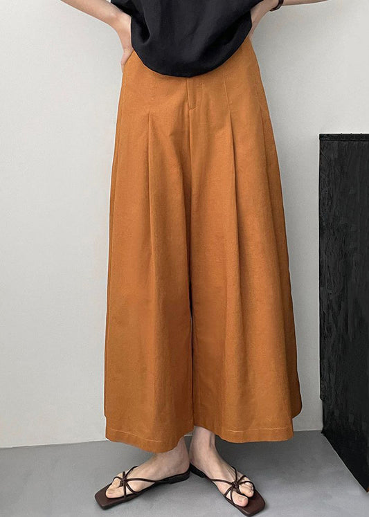 New Orange Pockets Cotton Wide Leg Pants Summer Qe045