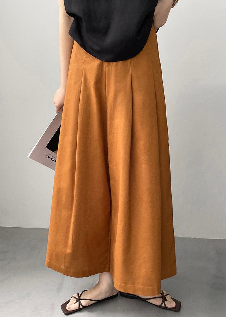 New Orange Pockets Cotton Wide Leg Pants Summer Qe045