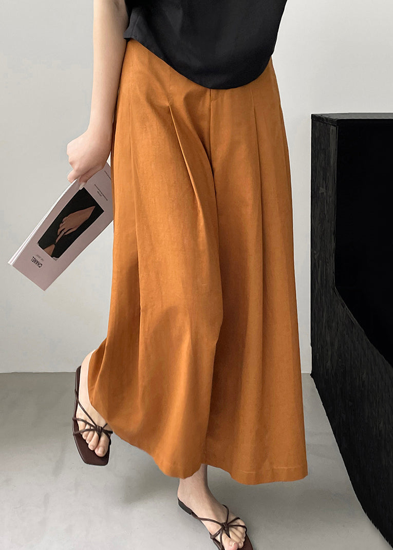 New Orange Pockets Cotton Wide Leg Pants Summer Qe045