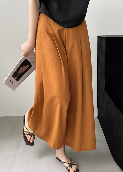 New Orange Pockets Cotton Wide Leg Pants Summer Qe045