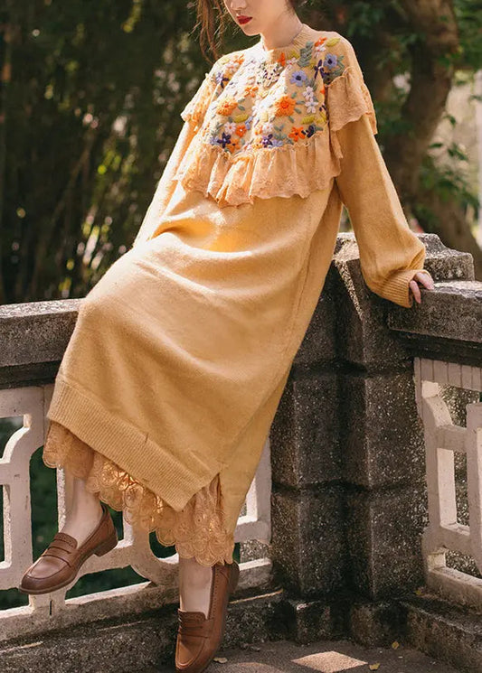 Ruffled Lace Cotton Knit Sweater Dress Fall