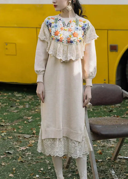 Ruffled Lace Cotton Knit Sweater Dress Fall