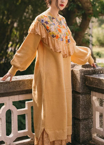 Ruffled Lace Cotton Knit Sweater Dress Fall