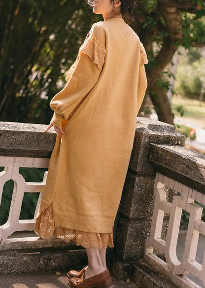 Ruffled Lace Cotton Knit Sweater Dress Fall