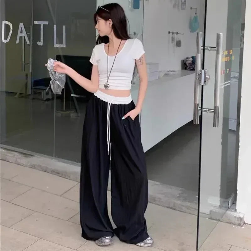 Patchwork Wide Leg Drape Straight Pant