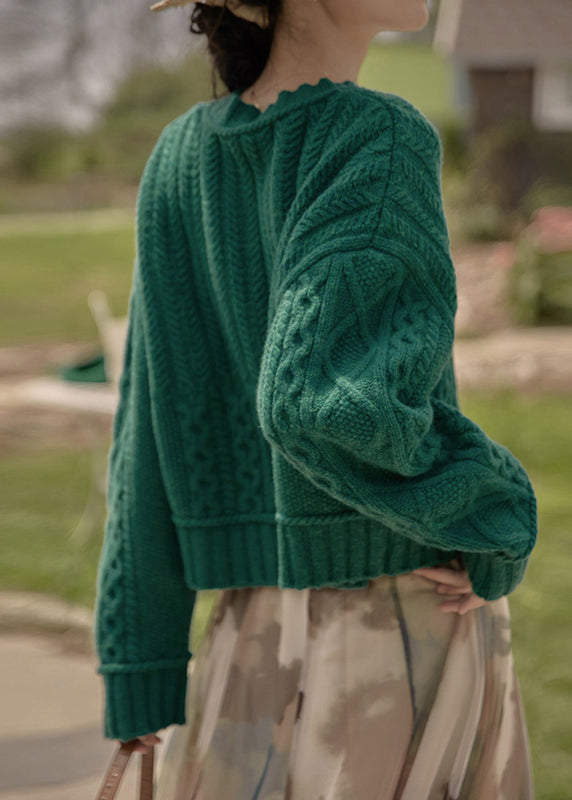 New Peacock Green O Neck Patchwork Cable Knit Sweaters Fall Tu046